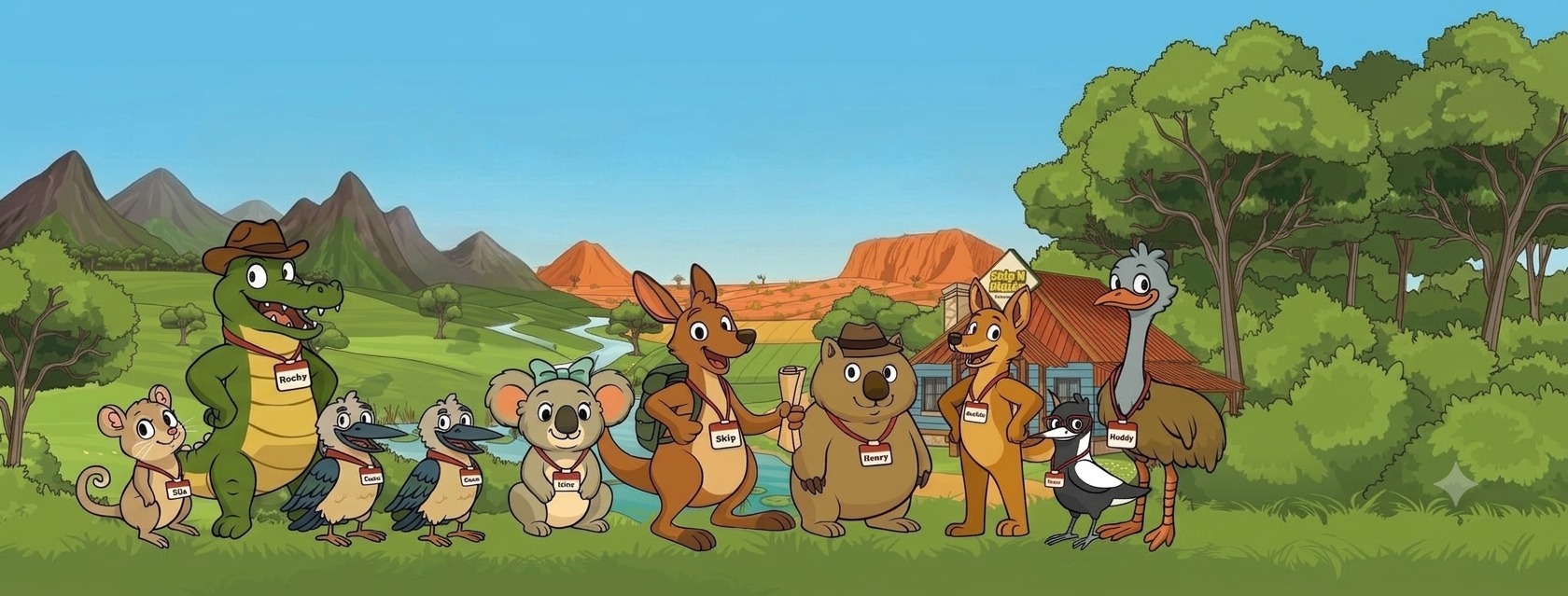 The Skip N Mates cast together in the Australian outback: Skip the kangaroo and his mates